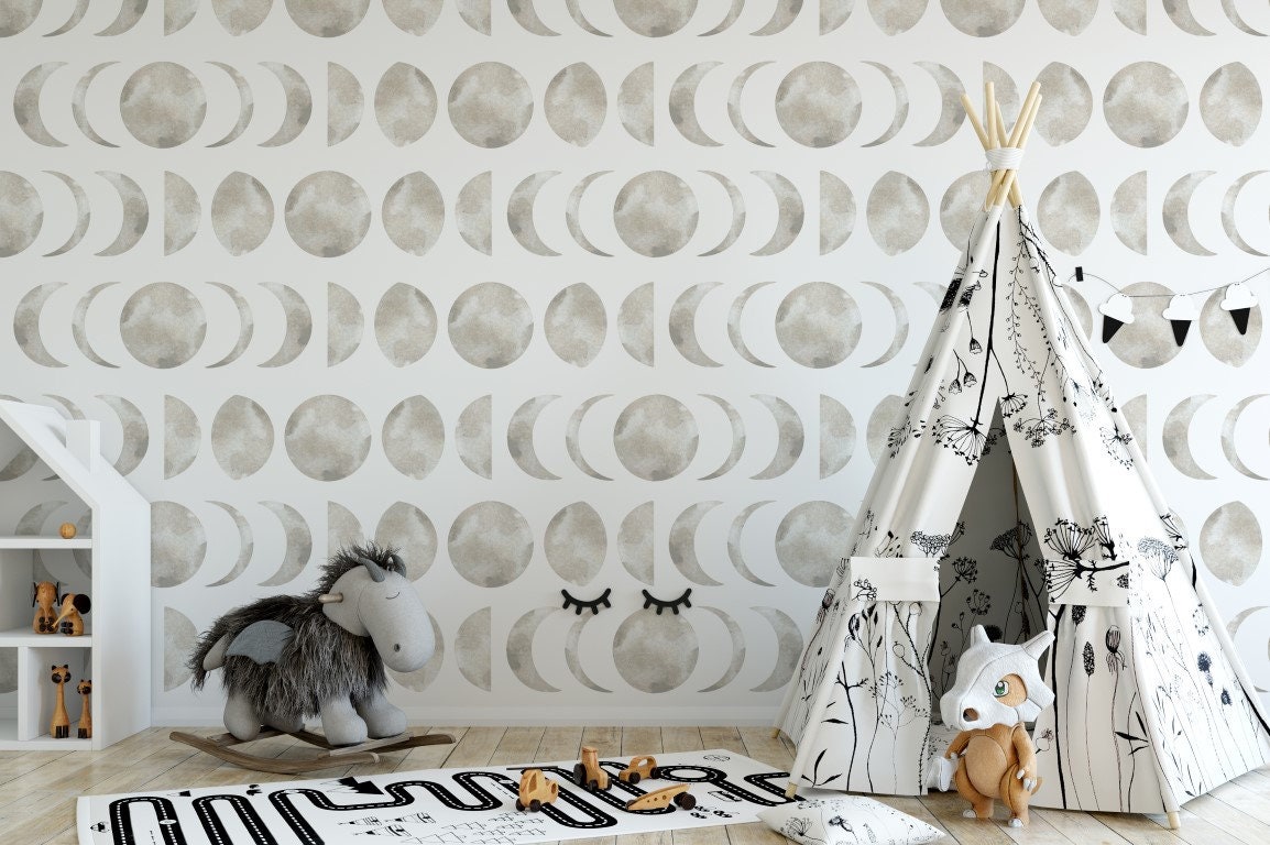 Moon Wallpaper Moon Phases Wall Mural Gray Kids Room Peel and Stick - Etsy