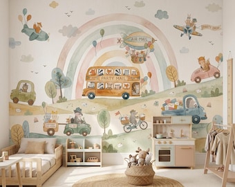 Nursery Wallpaper Pastel Rainbow Peel And Stick Cute Animals Removable Wall Decor