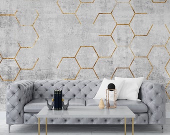 Geometric Wallpaper Hexagon Wall Art Gray Background Wall Mural Concrete Peel and Stick
