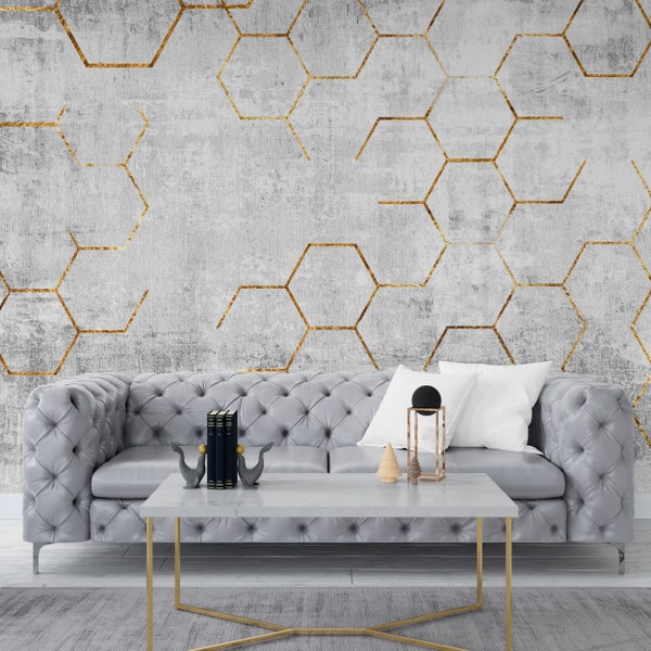 Geometric Wallpaper Hexagon Wall Art Gray Background Wall Mural Concrete Peel and Stick