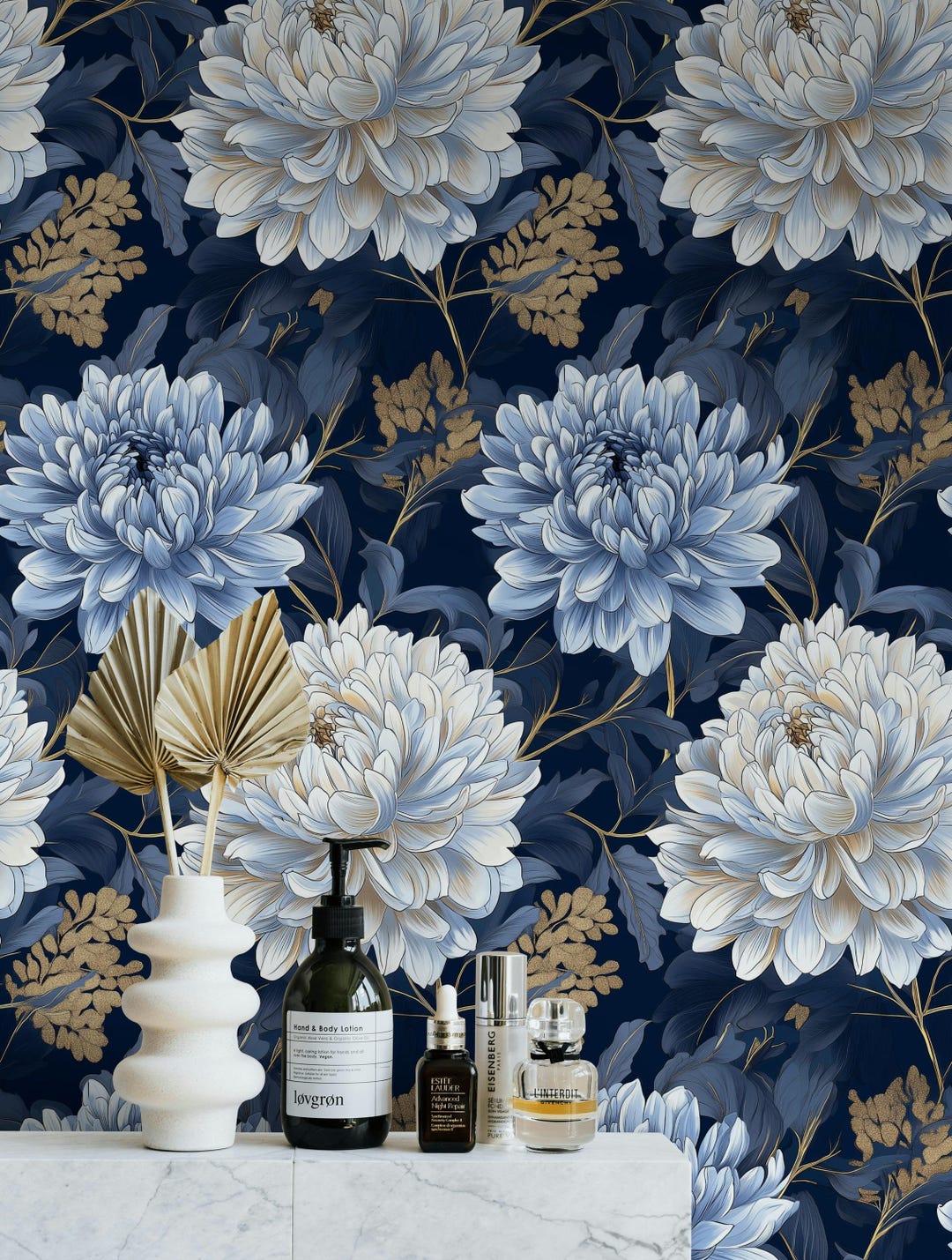 Elegant Blue Floral Wallpaper Wall Mural Luxury Removable Peel & Stick ...