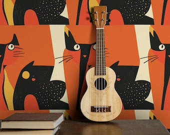 Retro Cat Abstract Peel and Stick Wallpaper Orange Wall Mural Removable