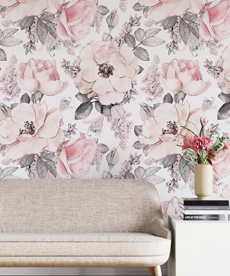 Pink Rose Wallpaper Peony Wall Mural Watercolor Peel and Stick - Etsy