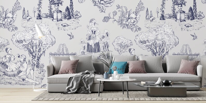 French Blue Toile Peel And Stick Wallpaper Romantic | Etsy