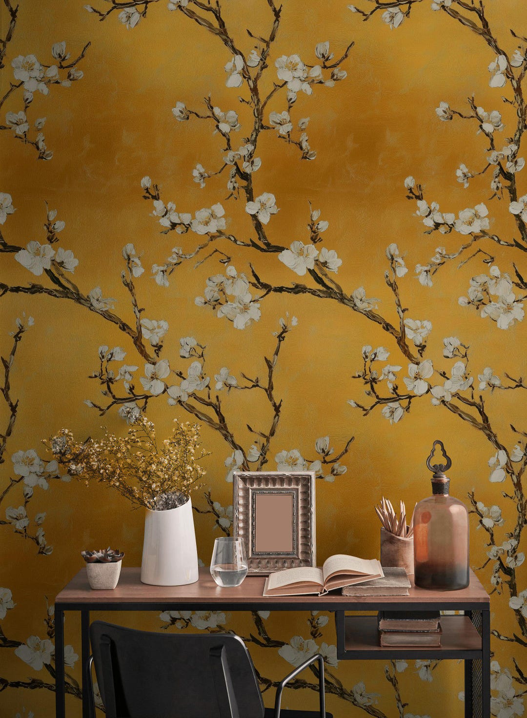 Golden Look Blossom Branches Wallpaper | Modern Oriental Wall Mural for ...