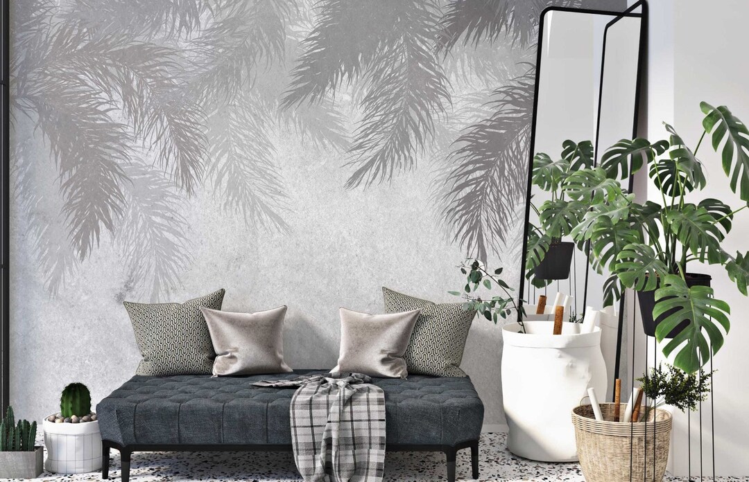 Palm Leaves Wallpaper Tropical Wall Mural Leaf Wall Art Gray Background ...