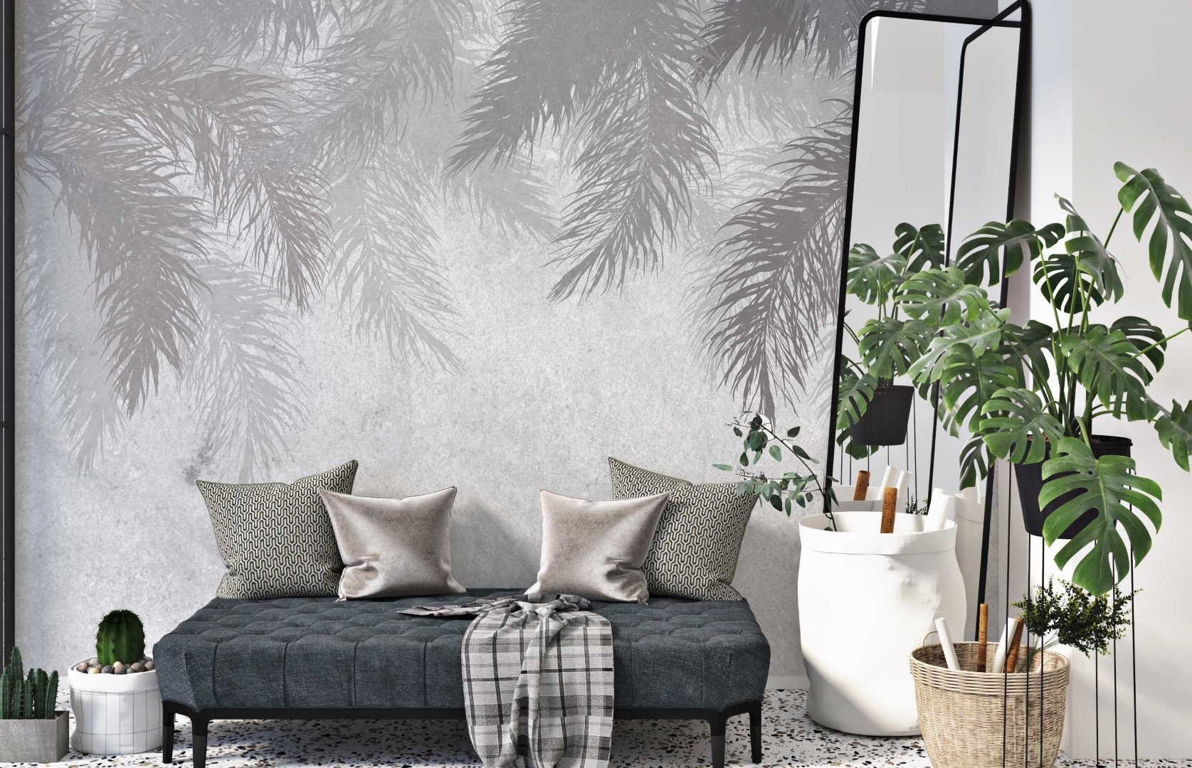Palm Leaves Wallpaper Tropical Wall Mural Leaf Wall Art Gray Background ...