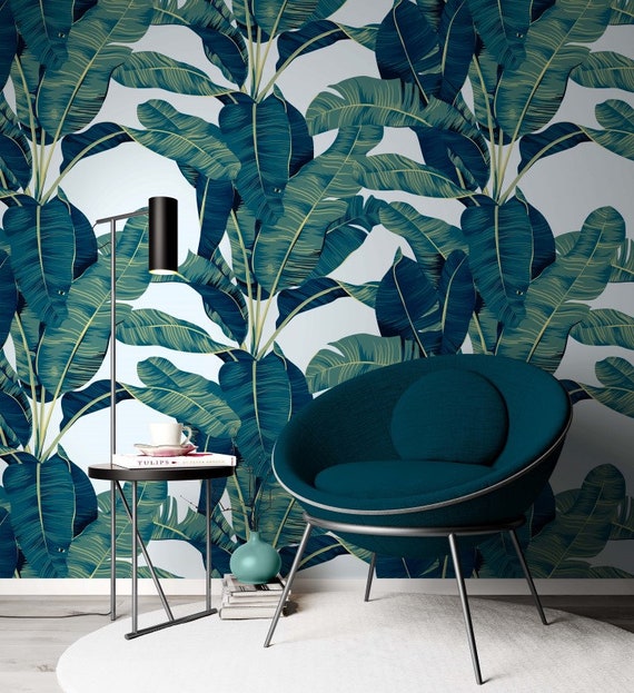 Banana Palm Tree Leaves Wallpaper on Blue Background Floral - Etsy