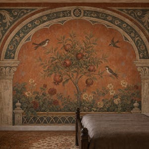 May include: A wall mural featuring a central pomegranate tree with red fruit, surrounded by birds and flowers within an arched architectural frame. The design uses a warm terracotta background with decorative green and gold border details.