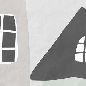 May include: A simple abstract illustration of a house with a window. The house is gray and the window is white. The background is a light gray with a hint of green.