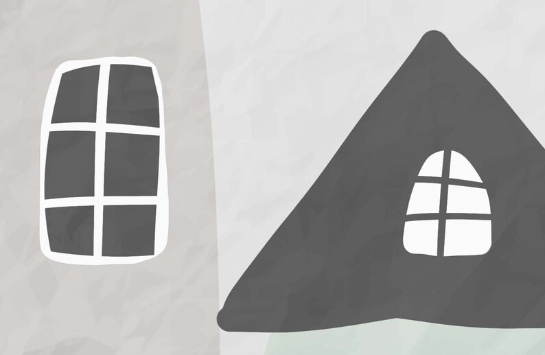 May include: A simple abstract illustration of a house with a window. The house is gray and the window is white. The background is a light gray with a hint of green.