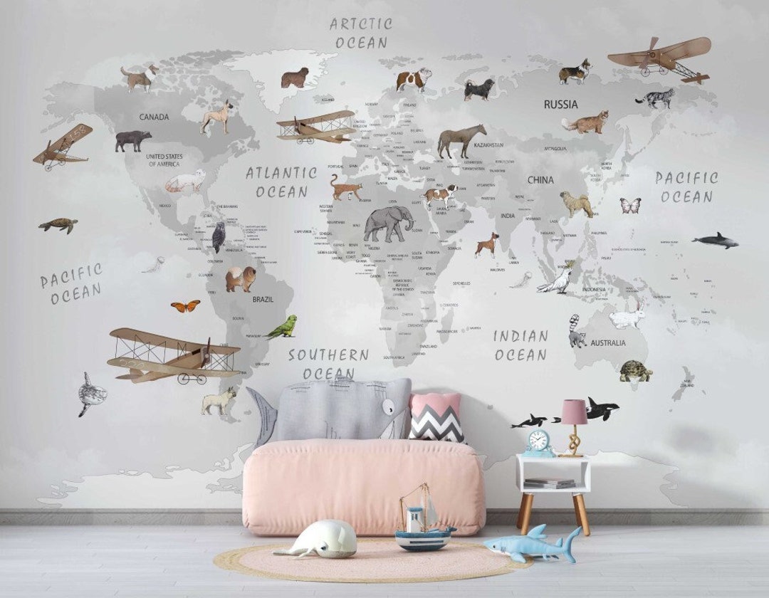Kids World Map Wallpaper Nursery Wall Mural Kids Peel and Stick - Etsy