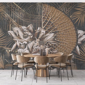 Grand papier peint floral, décoration murale de serre, fleurs de lys, décoration murale vintage, art mural autocollant