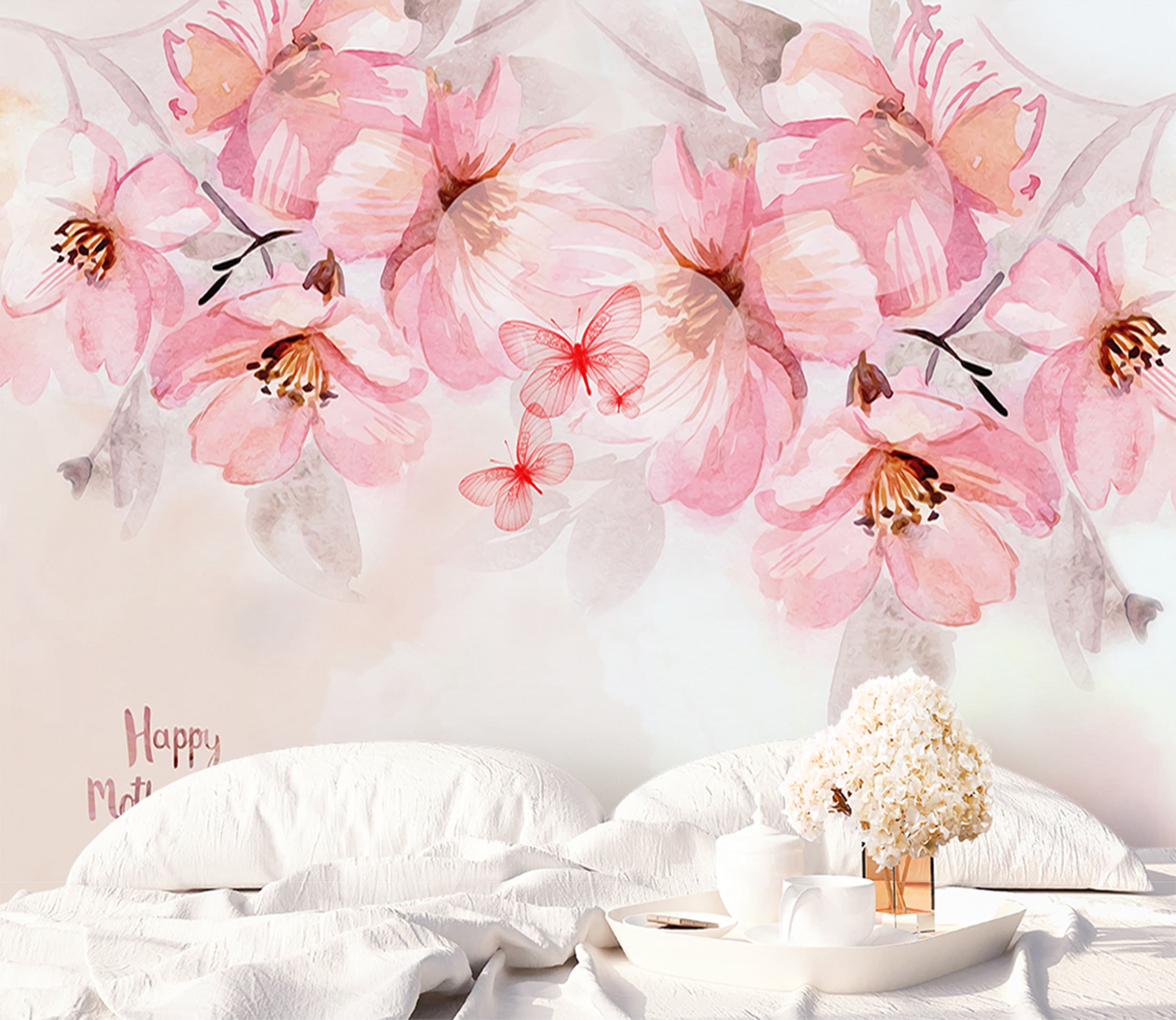 Cherry Blossom Wallpaper Pink Flower Wall Mural Watercolor Peel and ...