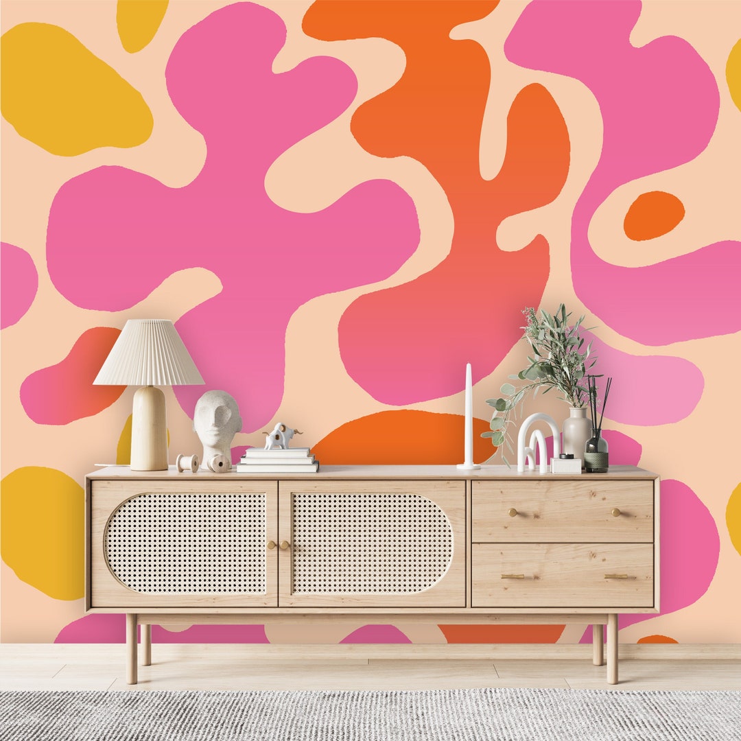 Pink and Orange Wallpaper Organic Shapes Wall Mural Abstract Peel and Stick Beige Background
