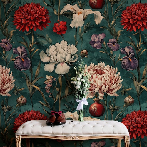 Vintage Botanical Wallpaper | Red and...