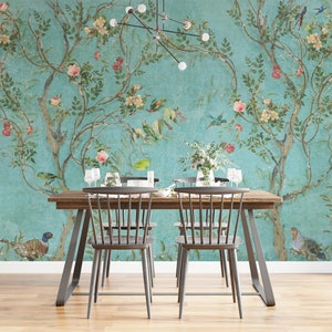 Turquoise Chinoiserie Flower Wallpaper: PVC-Free Floral Wall Mural