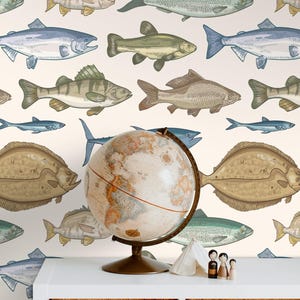 Carta da parati vintage con pesci, staccabile e attaccabile, illustrazione scientifica, decorazione murale rustica costiera