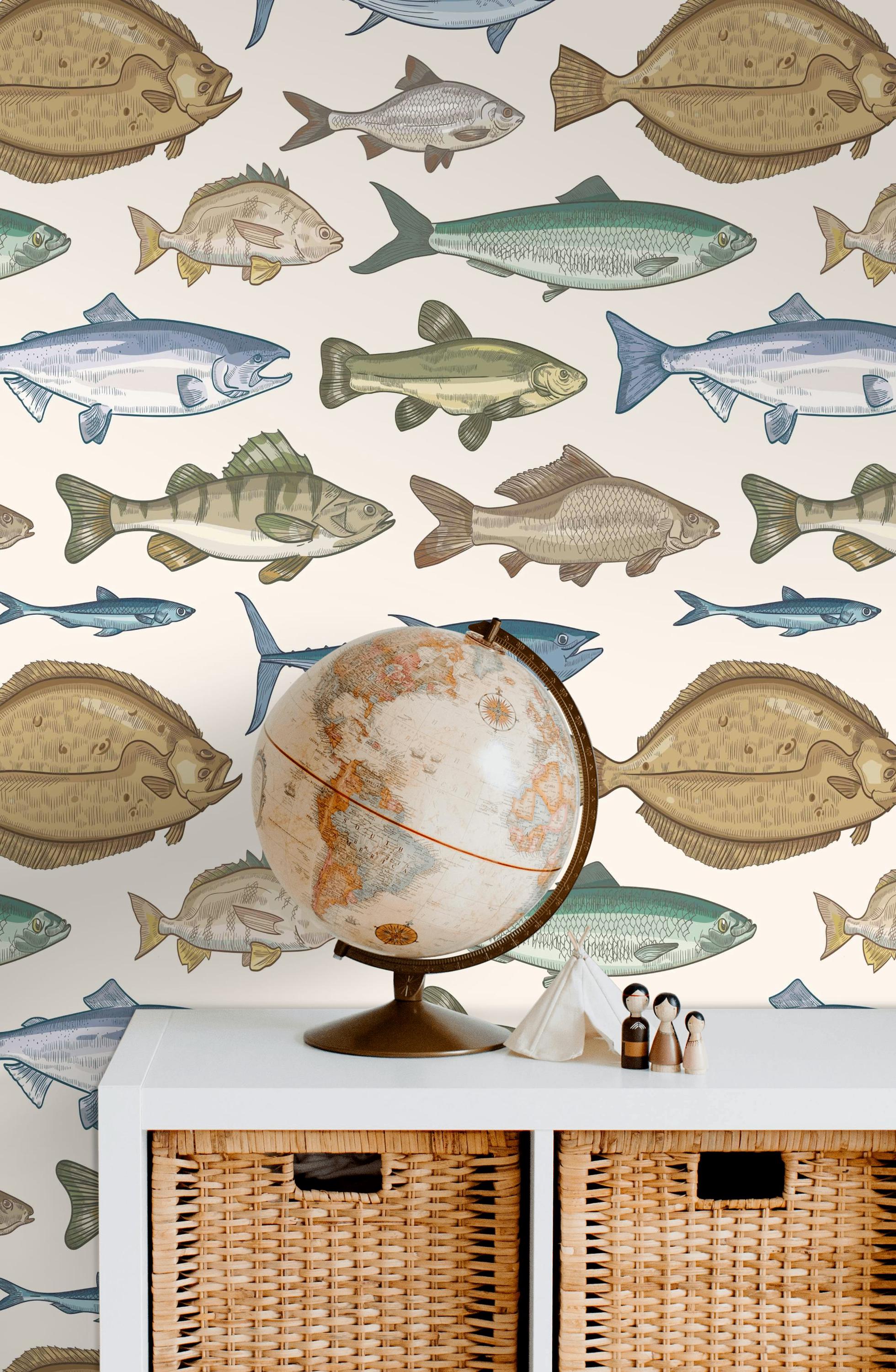 Vintage Fish Wallpaper Peel and Stick Scientific Illustration Wall Mural Coastal Rustic Decor