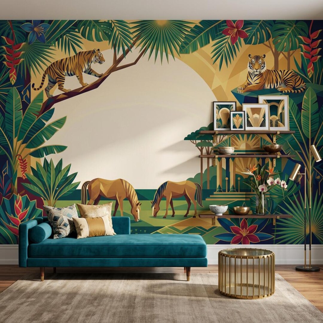 Tropical Jungle Wallpaper Art Deco Mural Peel and Stick Tigers ...