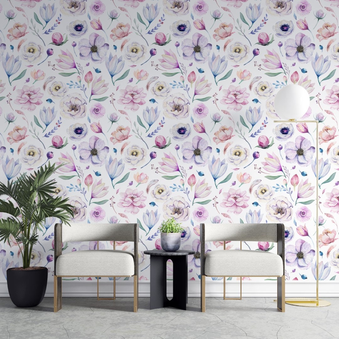 Lily Flower Wallpaper Purple Floral Wall Mural Watercolor Peel - Etsy