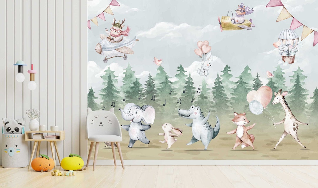 Cute Animals Wallpaper Tree Wall Mural Watercolor Wall Art Nursery Peel ...