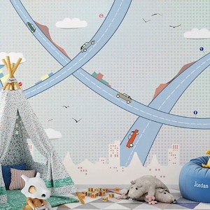 Car Road Wallpaper Kids Room Wall Mural Nursery Wall Art Cartoon Peel and Stick