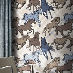 May include: A seamless pattern wallpaper featuring a repeating design of horses in various poses and colors, including brown, blue, and white. The horses are set against a background of a plaid pattern in shades of blue and beige.
