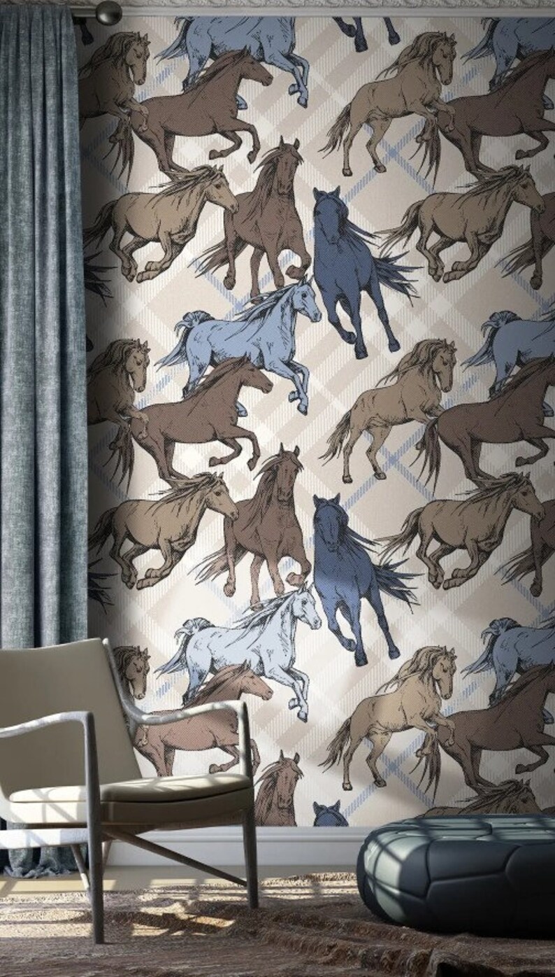 May include: A seamless pattern wallpaper featuring a repeating design of horses in various poses and colors, including brown, blue, and white. The horses are set against a background of a plaid pattern in shades of blue and beige.