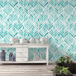 Turquoise Leaves Designed Peel and Stick Wallpaper - Etsy