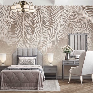 Palm Leaves with Old Beige Background Peel And Stick Wallpaper / Luxury Wall Mural / Floral  Wallpaper / Wall Decoration