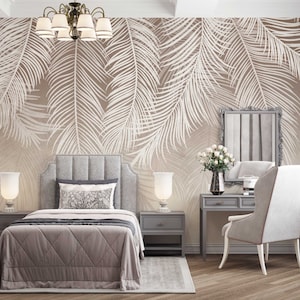 Palm Leaves with Old Beige Background Peel And Stick Wallpaper / Luxury Wall Mural / Floral  Wallpaper / Wall Decoration