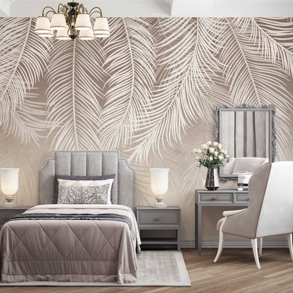 Palmenblätter mit altem Beige Hintergrund Schälen und Aufkleben / Luxus Wandbild / Florale Tapete / Wanddekoration