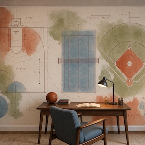 May include: A wall mural featuring technical diagrams of a basketball court, tennis court, and baseball field overlaid with watercolor washes in muted tones of red, blue, and green, accompanied by various mathematical formulas and geometric lines.