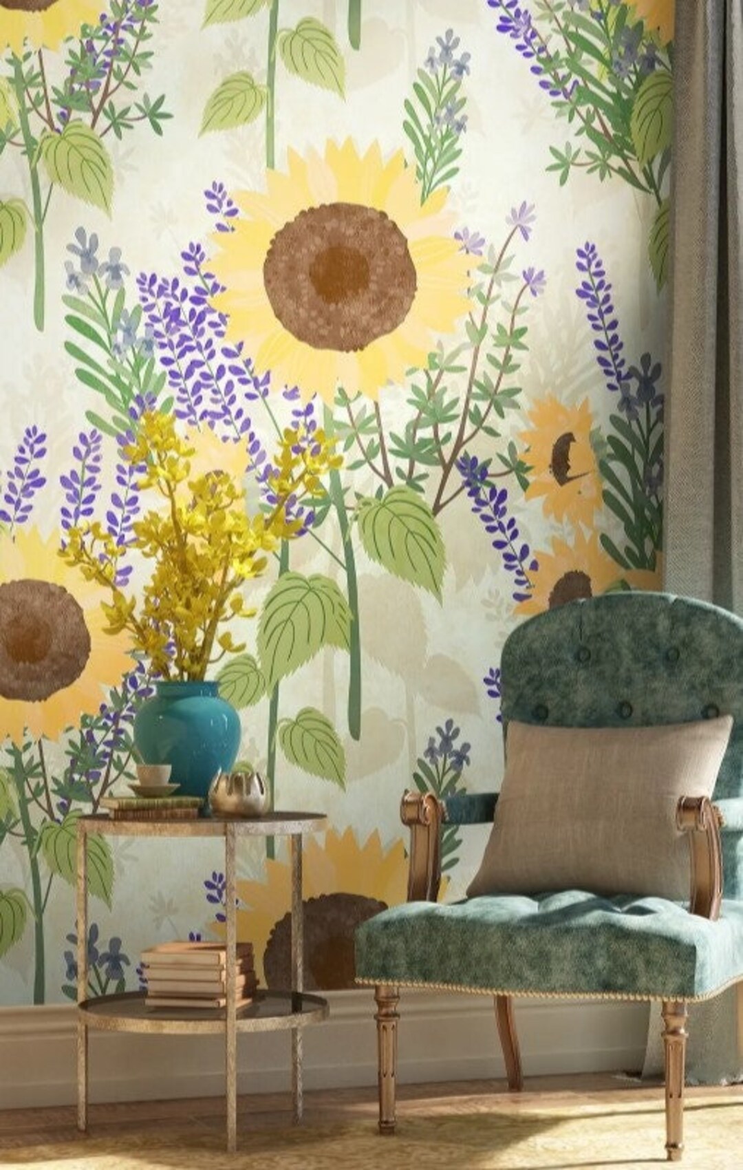 Sunflowers Wallpaper Yellow Leaves Wall Mural Lilac Leaf Peel and Stick ...