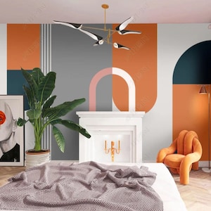 Boho Wallpaper Peel and Stick Orange Gray Wall Mural Arch