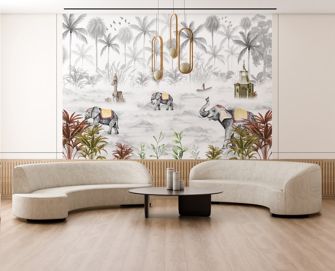 Palm Tree Wallpaper Elephant Wall Mural Jungle Peel and Stick Vintage ...