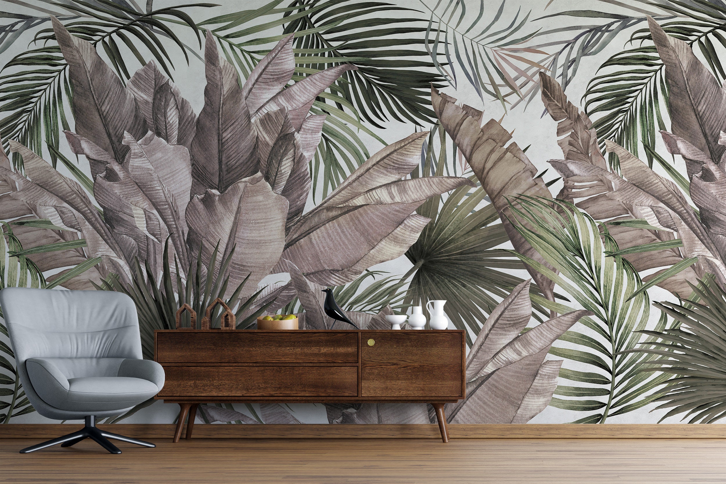 Tropical Palm Leaf Wallpaper Mural: Brown Peel and Stick Wall Art - Etsy