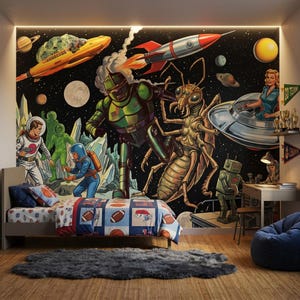 May include: A bedroom with a space-themed mural featuring rockets, robots, and astronauts. The bed has a football-themed comforter and pillows. A gray rug sits on the wooden floor. A desk with a lamp and a blue beanbag chair complete the room.