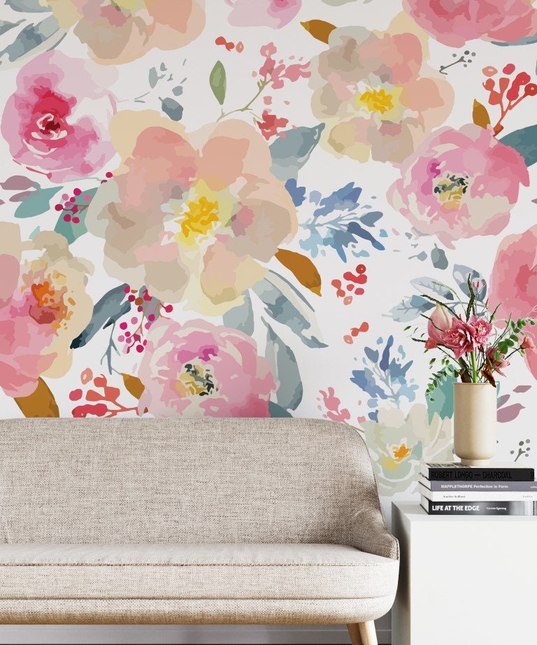Pink Floral Wallpaper Watercolor Wall Mural Flower Peel and Stick - Etsy