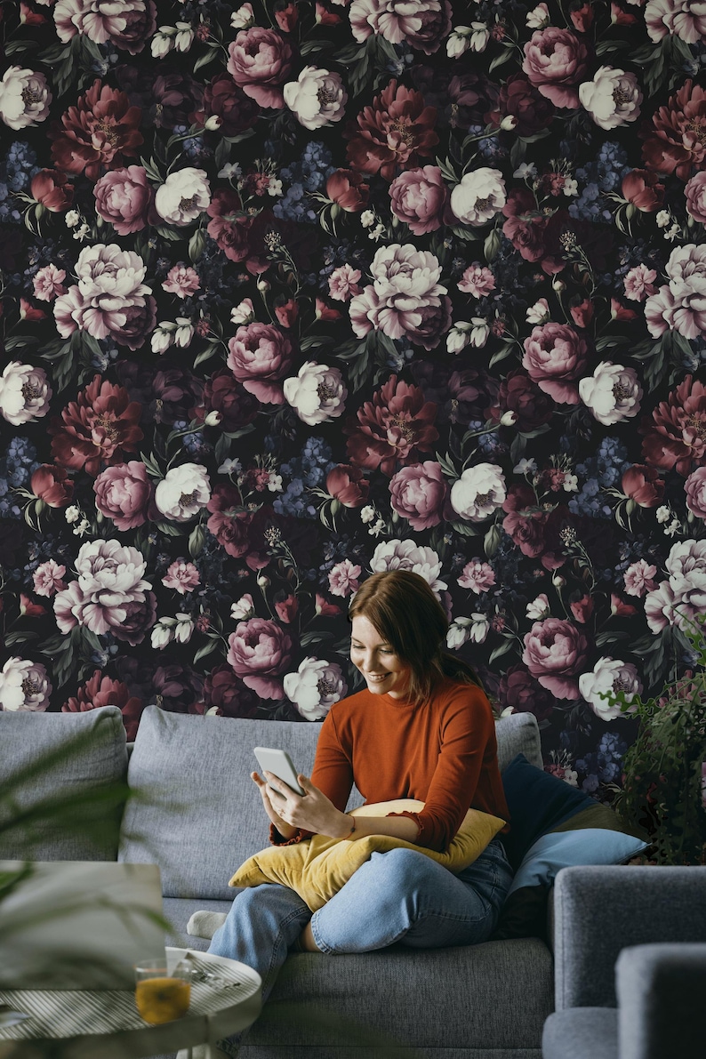 Dark Floral Peony Wallpaper: Moody Burgundy Blush Peel and Stick Wall ...