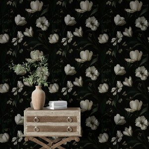Dark Floral Wallpaper | Vintage White Flower Wall Mural | Elegant Botanical Peel and Stick Decor