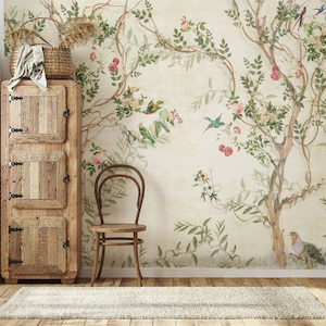 Flower Wallpaper Chinoiserie Wall Decor Beige Background  PVC-Free Non Pasted Wall Mural Floral Wall Art