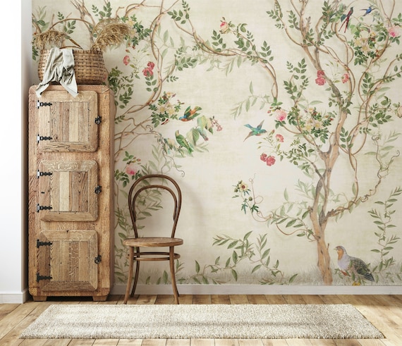 Floral Chinoiserie Wallpaper: Beige Botanical Wall Mural, PVC-Free