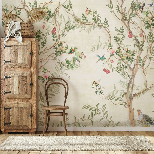Floral Chinoiserie Wallpaper: Beige Botanical Wall Mural, PVC-Free
