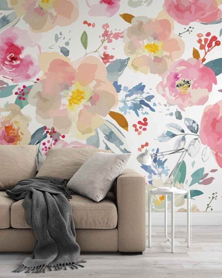 Pink Floral Wallpaper Watercolor Wall Mural Flower Peel and Stick - Etsy