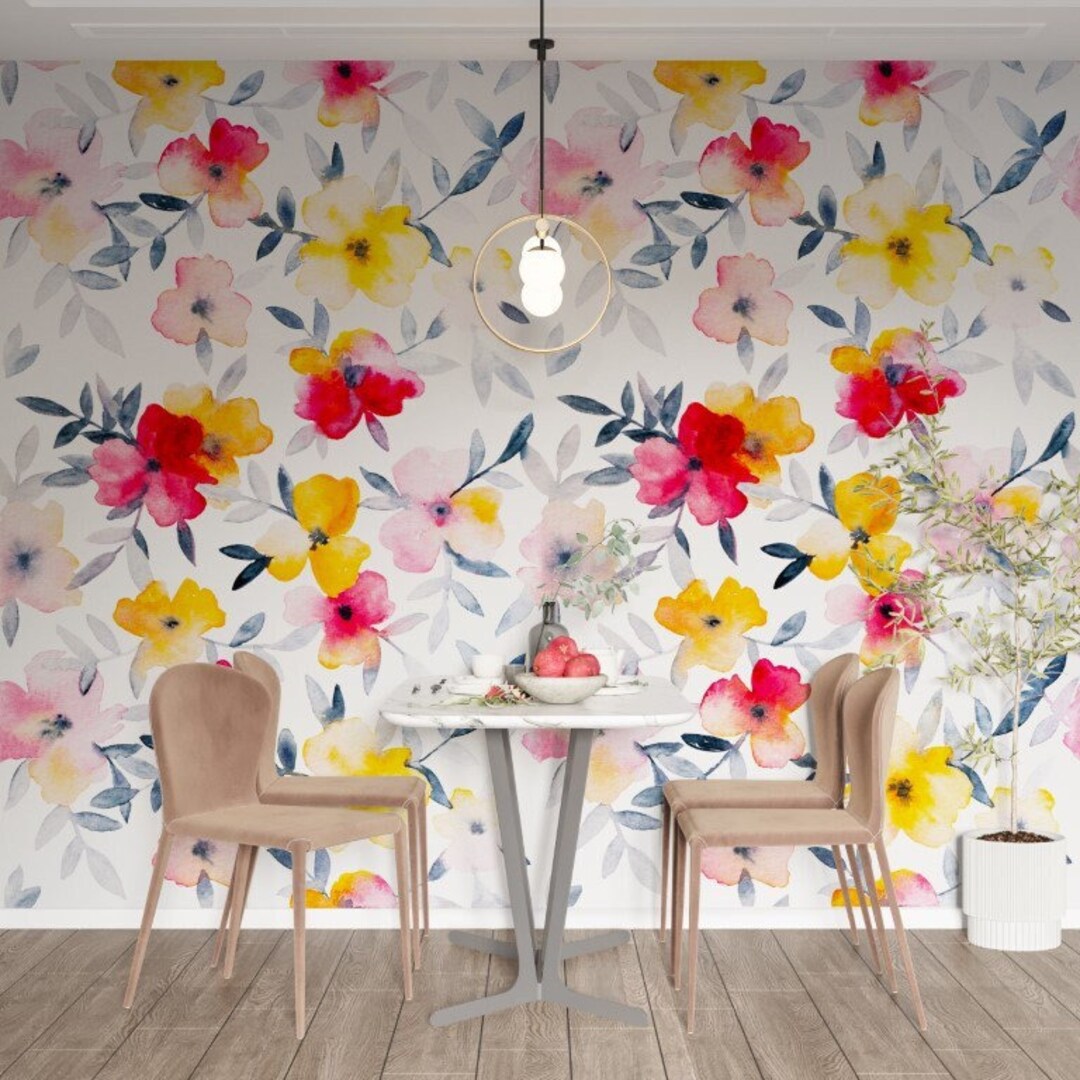 Yellow Flower Wallpaper Red Floral Wall Mural Watercolor Peel Etsy