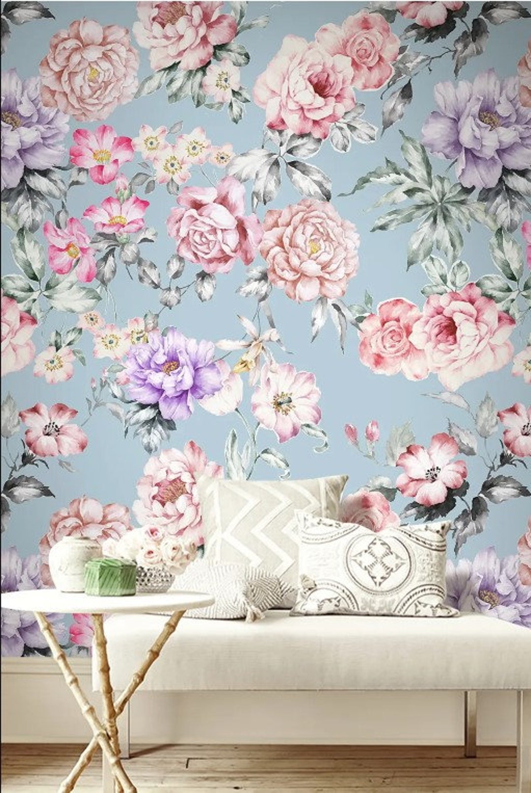 Pink Rose Wallpaper Purple Peony Wall Mural Flower Peel and Stick - Etsy