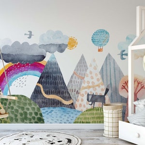 Watercolor Mountain Wallpaper Rainbow Wall Mural Watercolor Peel and Stick