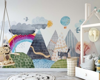 Watercolor Mountain Wallpaper Rainbow Wall Mural Watercolor Peel and Stick